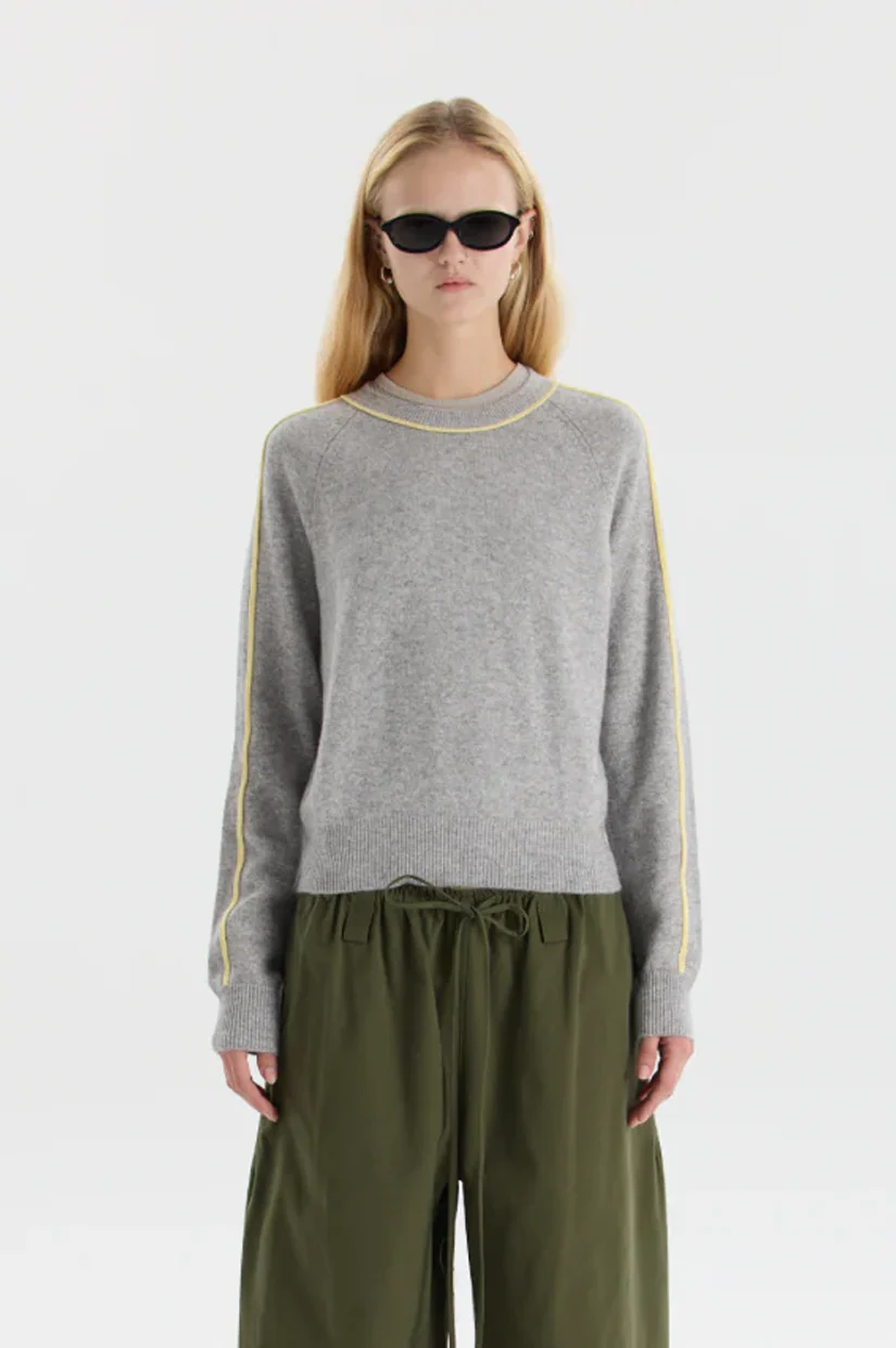 Bassike Classic Stripe Detail Knit - Grey Marl/Lemon