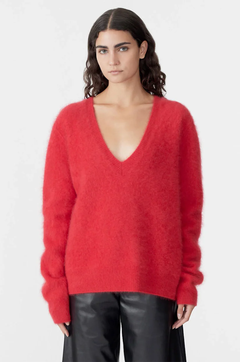 Bassike Deep V Textured Knit - Red - Image 2