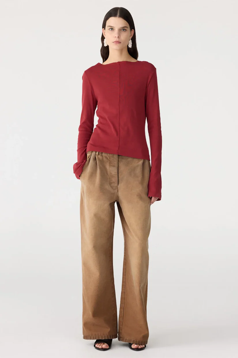 Bassike Front Seam Rib LS T-shirt - Deep Red