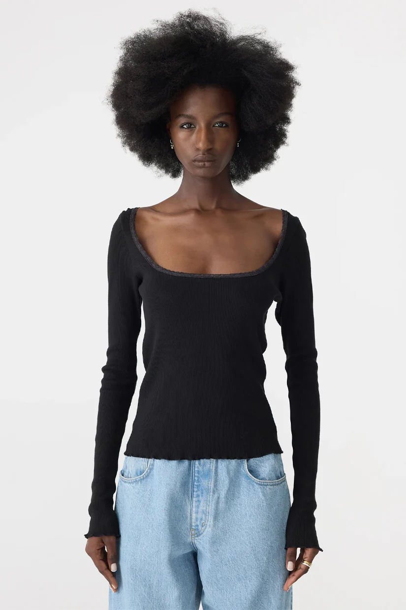 Bassike Slim Rib Lace L/S Top - Black - Image 2