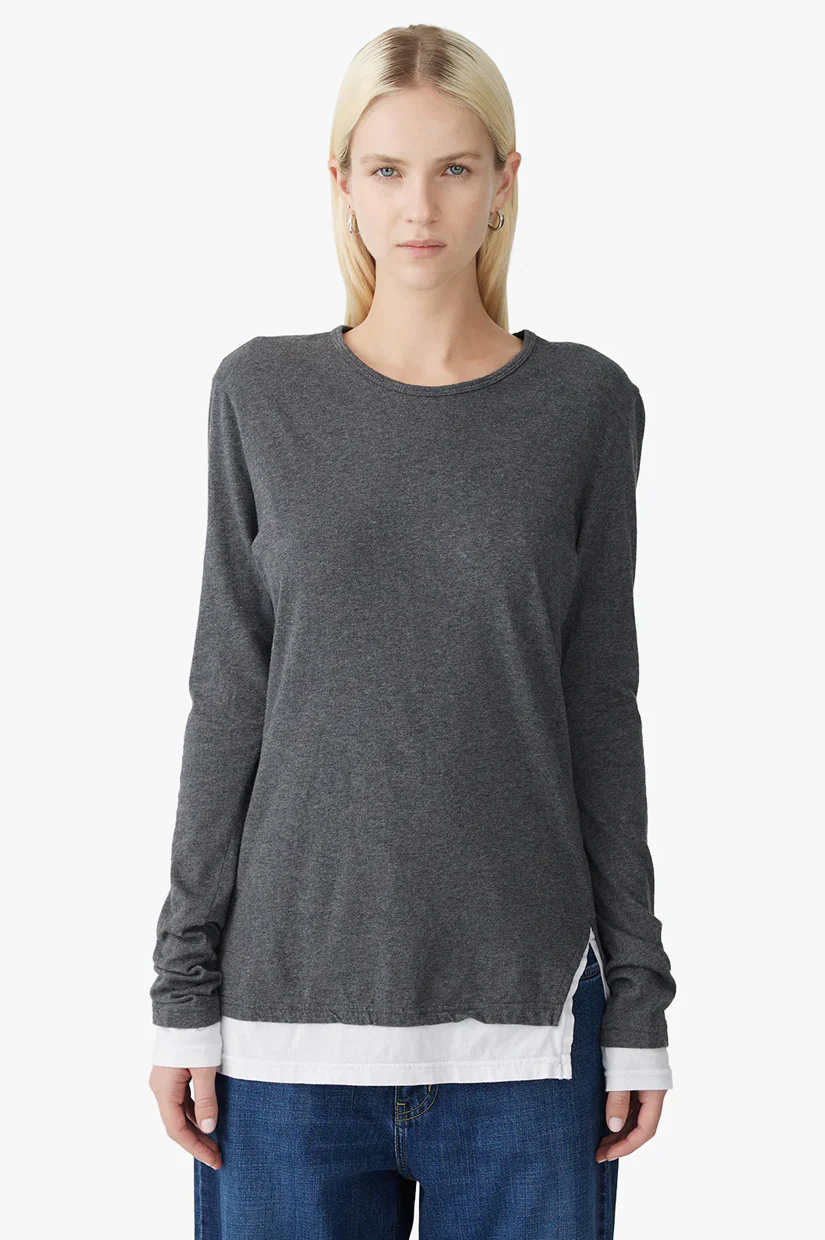 Bassike Split Layered LS T.shirt - Charcoal Marl/White