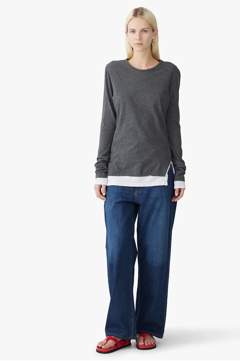 Bassike Split Layered LS T.shirt - Charcoal Marl/White - Image 2