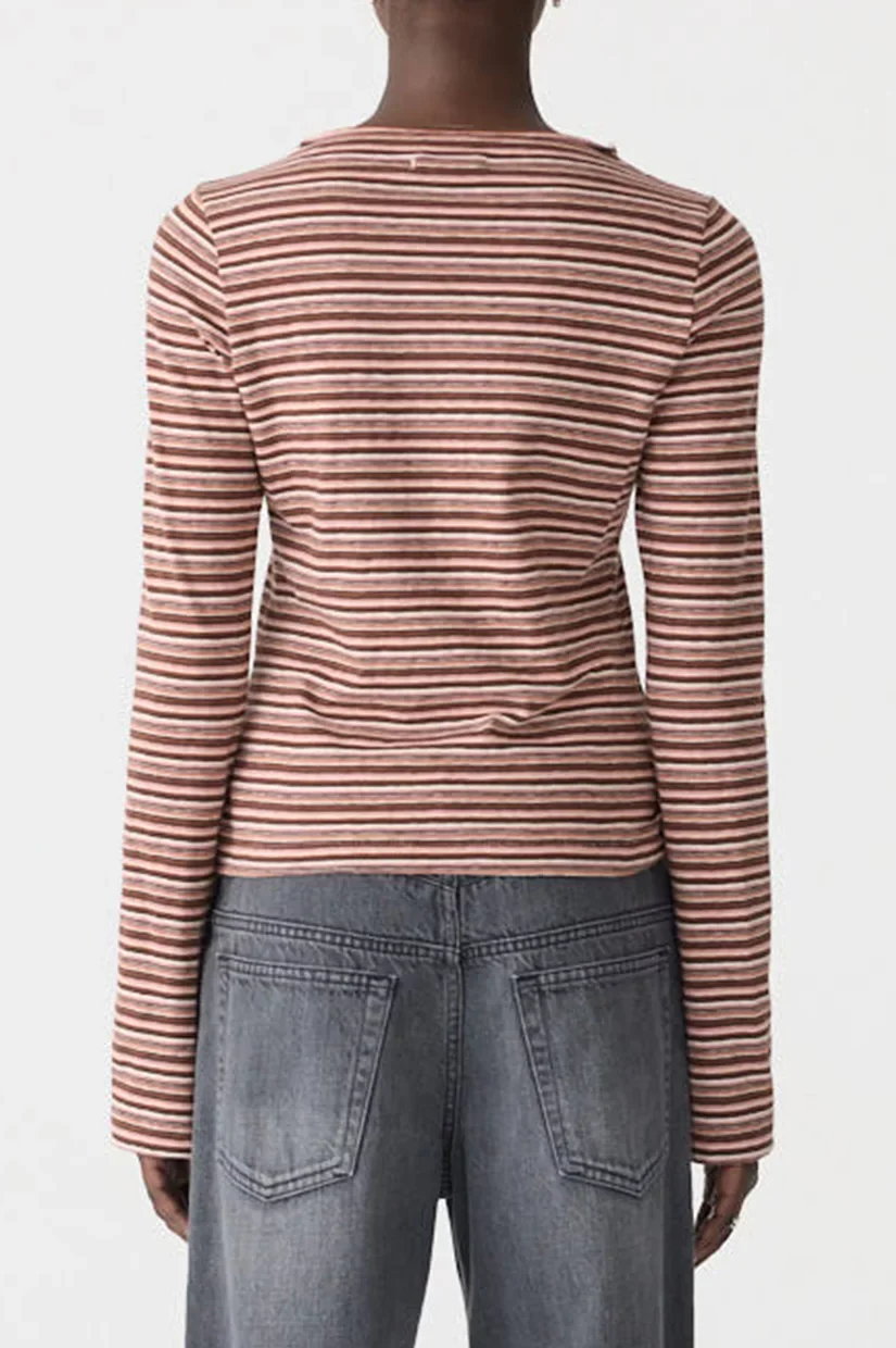 Bassike Stripe Seam Detail LS Top - Pink/Orange/Plum - Image 2