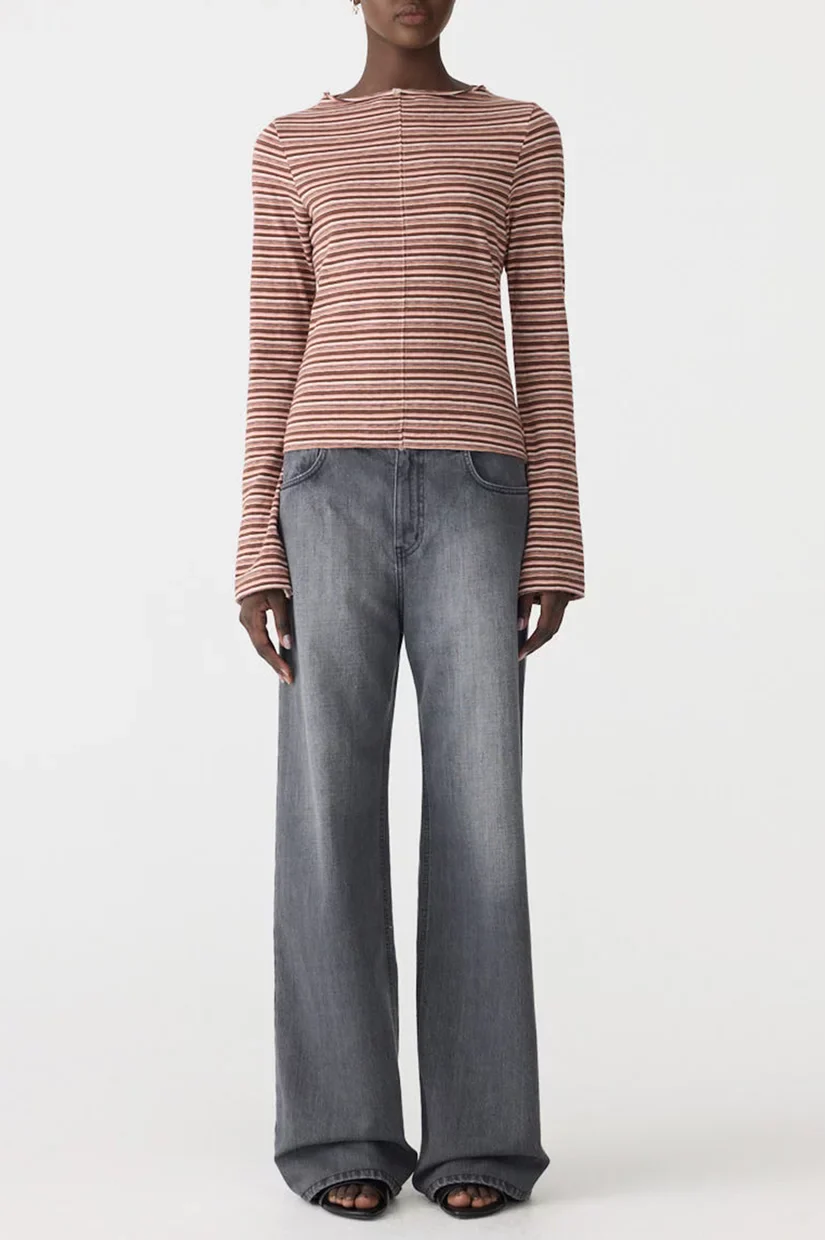 Bassike Stripe Seam Detail LS Top - Pink/Orange/Plum - Image 3