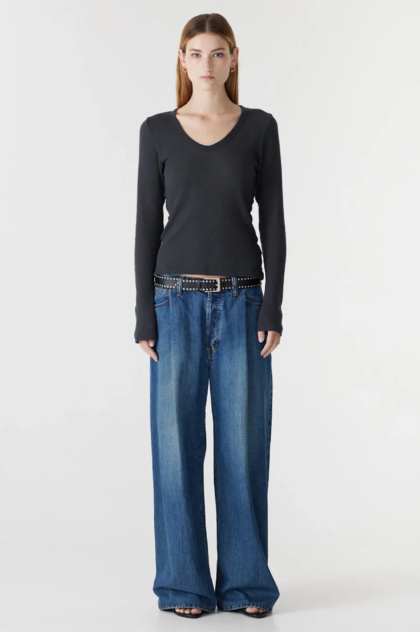 Bassike Waffle V-neck L/S T-shirt - Washed Ink