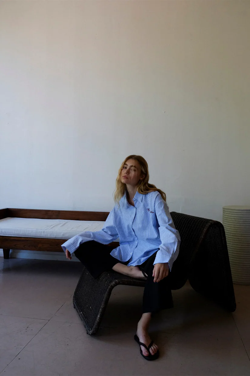 Commonplace Essentials Cortez Shirt - Sky/Maroon Stripe - Image 2