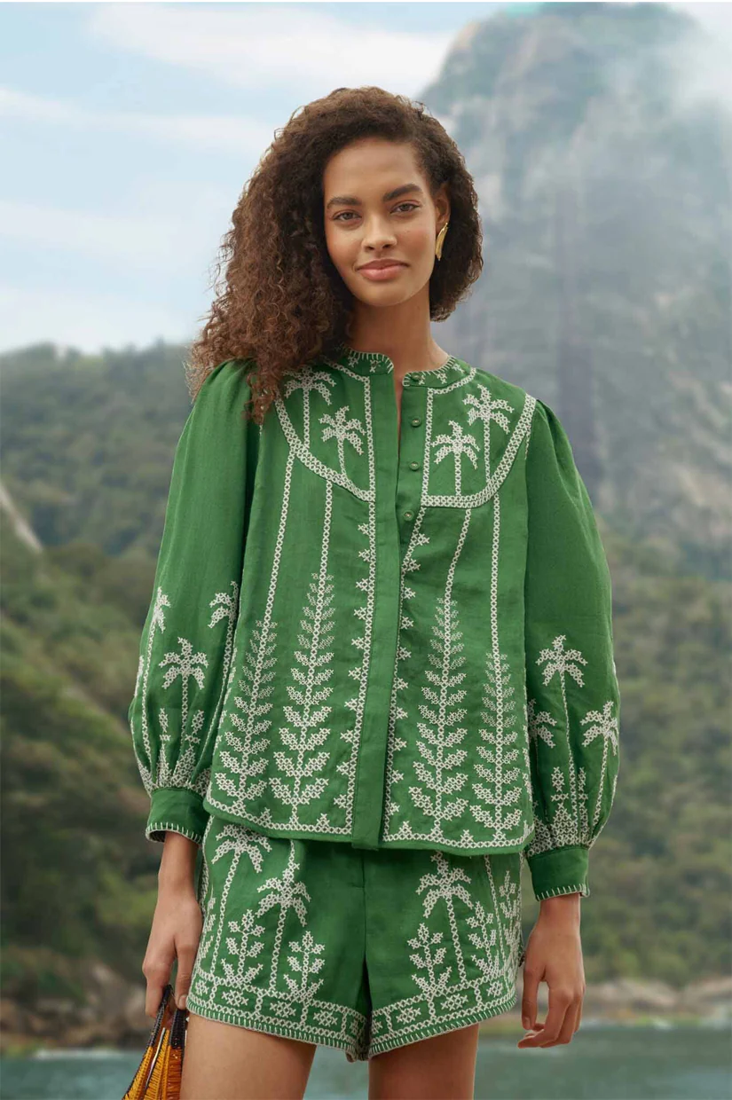 Farm Rio Bicolor Cross Stich Embroidery Blouse - Green