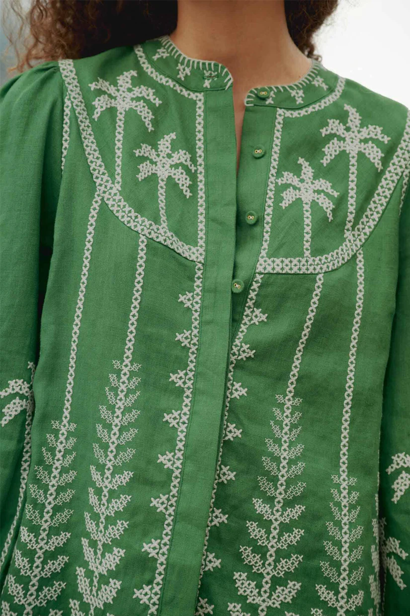 Farm Rio Bicolor Cross Stich Embroidery Blouse - Green - Image 2