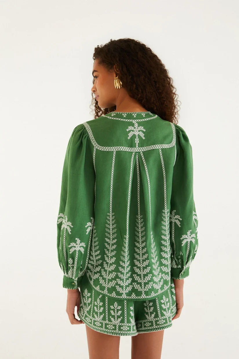 Farm Rio Bicolor Cross Stich Embroidery Blouse - Green - Image 3