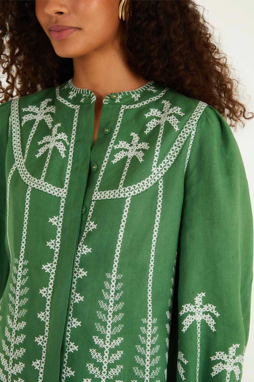 Farm Rio Bicolor Cross Stich Embroidery Blouse - Green - Image 4