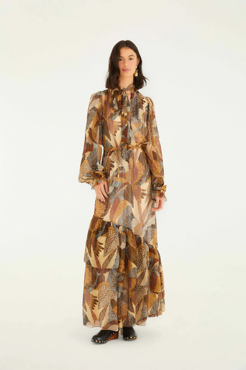 Farm Rio Long Sleeve Maxi Dress - Dotted Macaws Cream