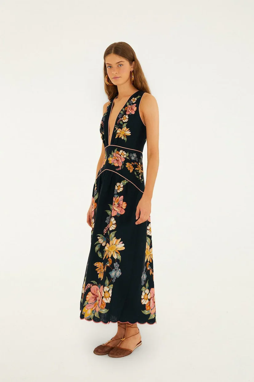 Farm Rio Maira Floral Dark Blue Midi Dress