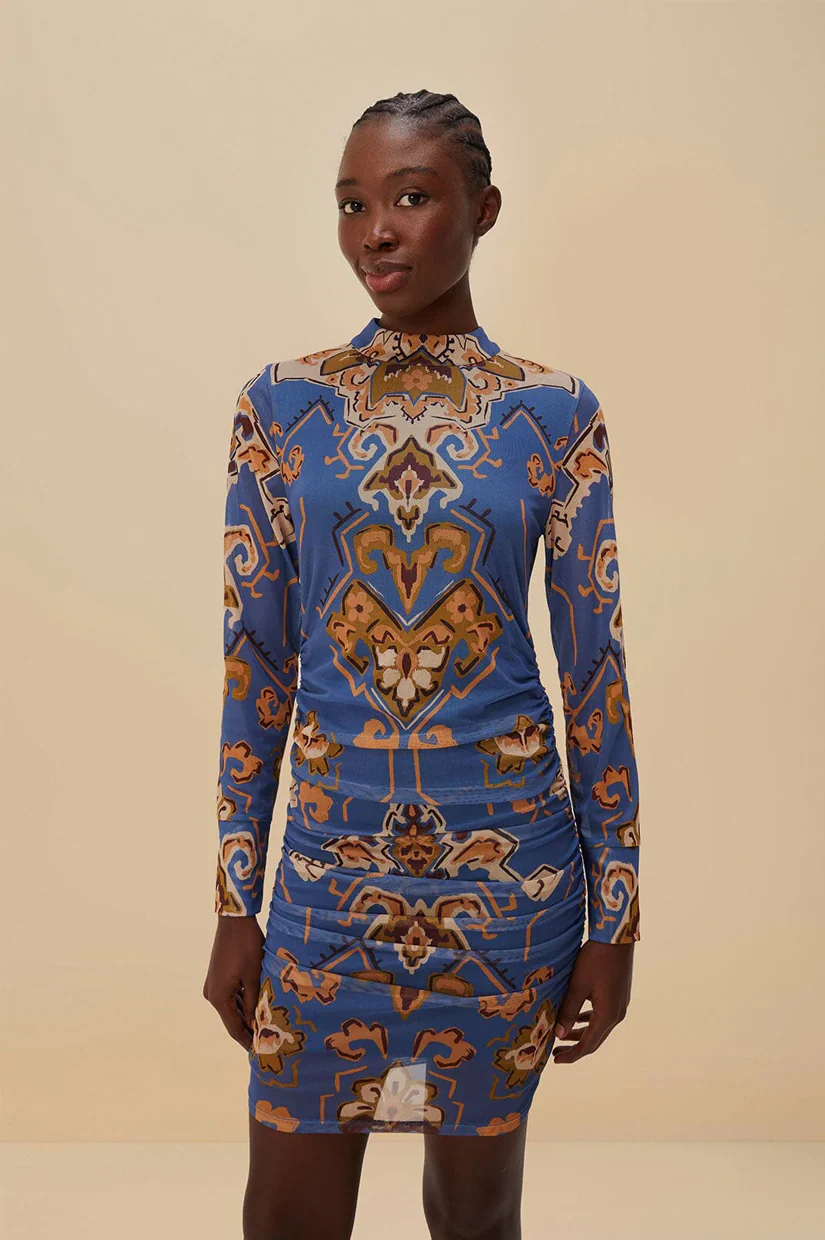 Farm Rio Mini Dress - Ornament Floral Blue - Image 2