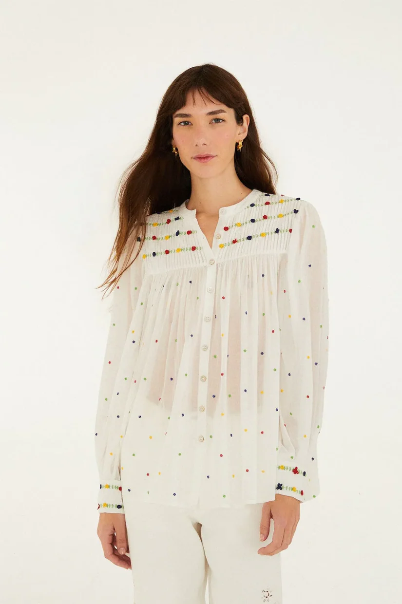 Farm Rio Off White Embrioded Beads Long Sleeve Blouse