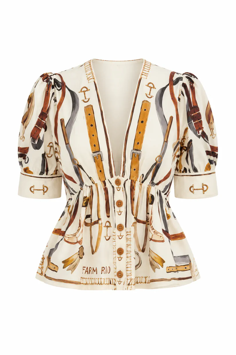 Farm Rio Short Sleeve Blouse - Equestrian Scarf Winter White