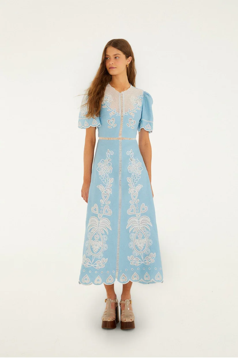 Farm Rio Short Sleeve Midi Dress - Light Blue Embroidery