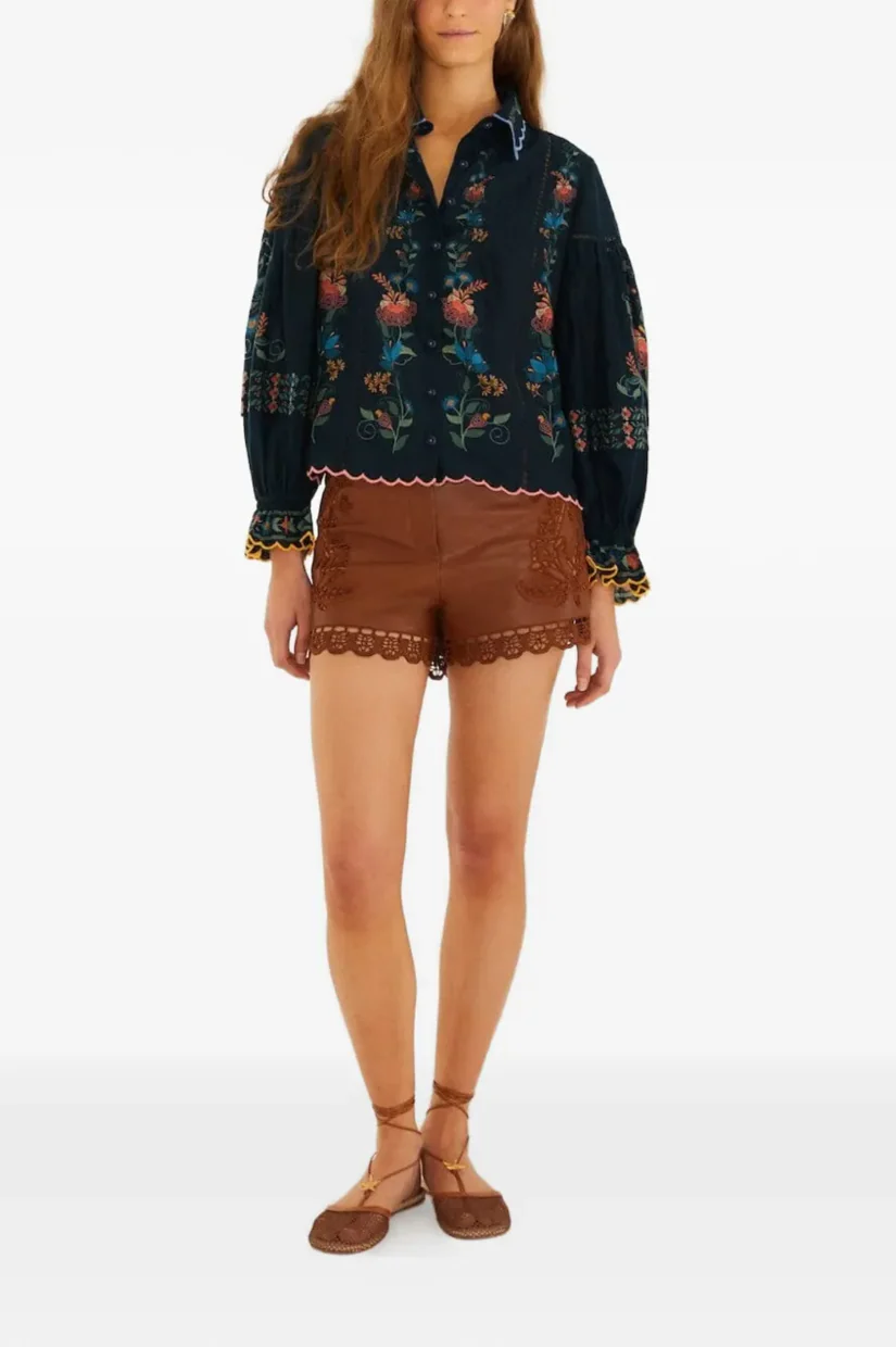 Farm Rio Stitched Garden Navy Blue Blouse