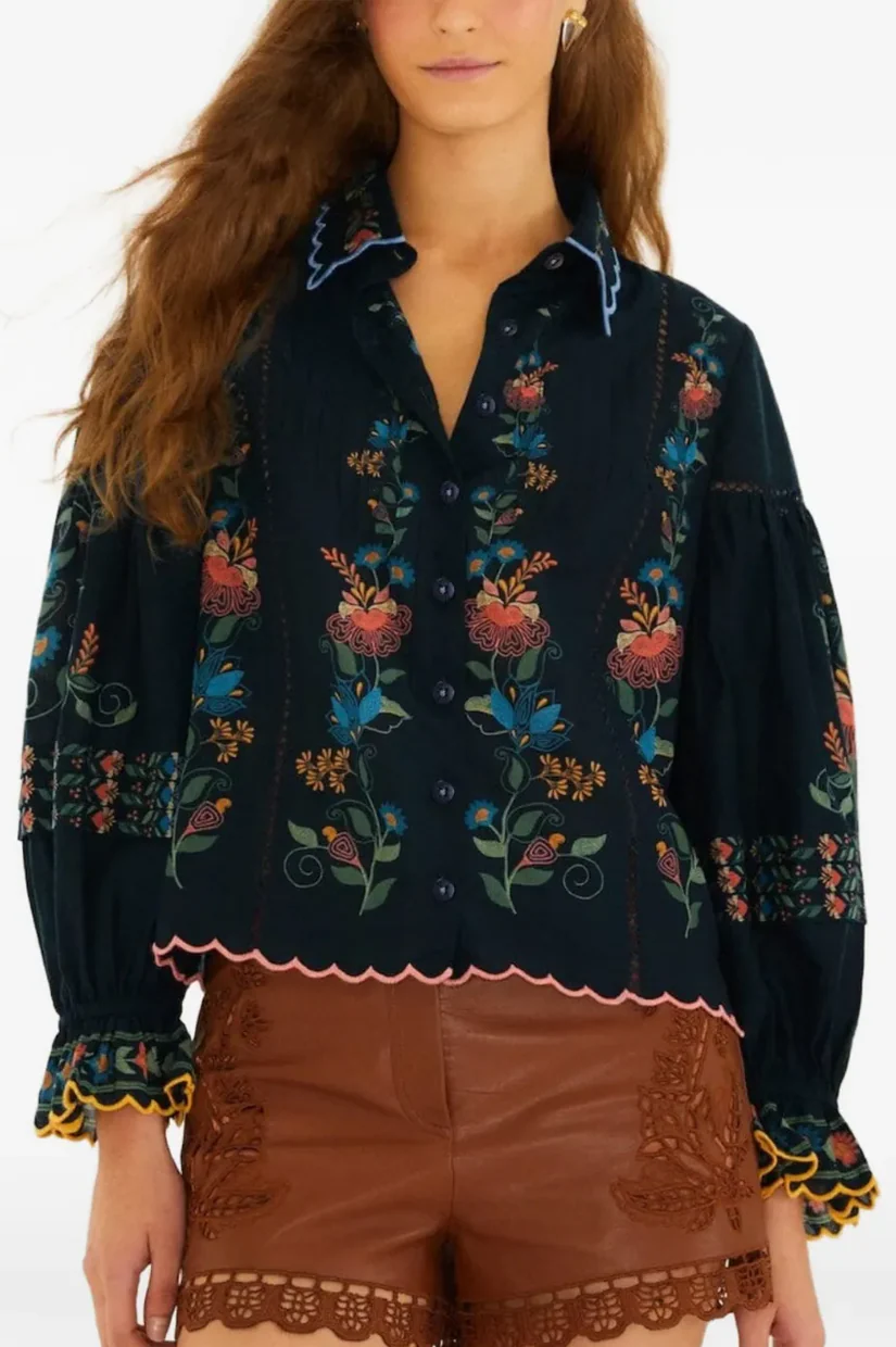 Farm Rio Stitched Garden Navy Blue Blouse - Image 2