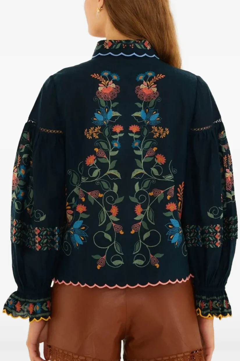 Farm Rio Stitched Garden Navy Blue Blouse - Image 3