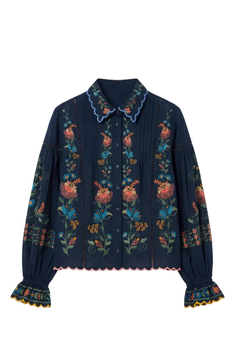 Farm Rio Stitched Garden Navy Blue Blouse - Image 4