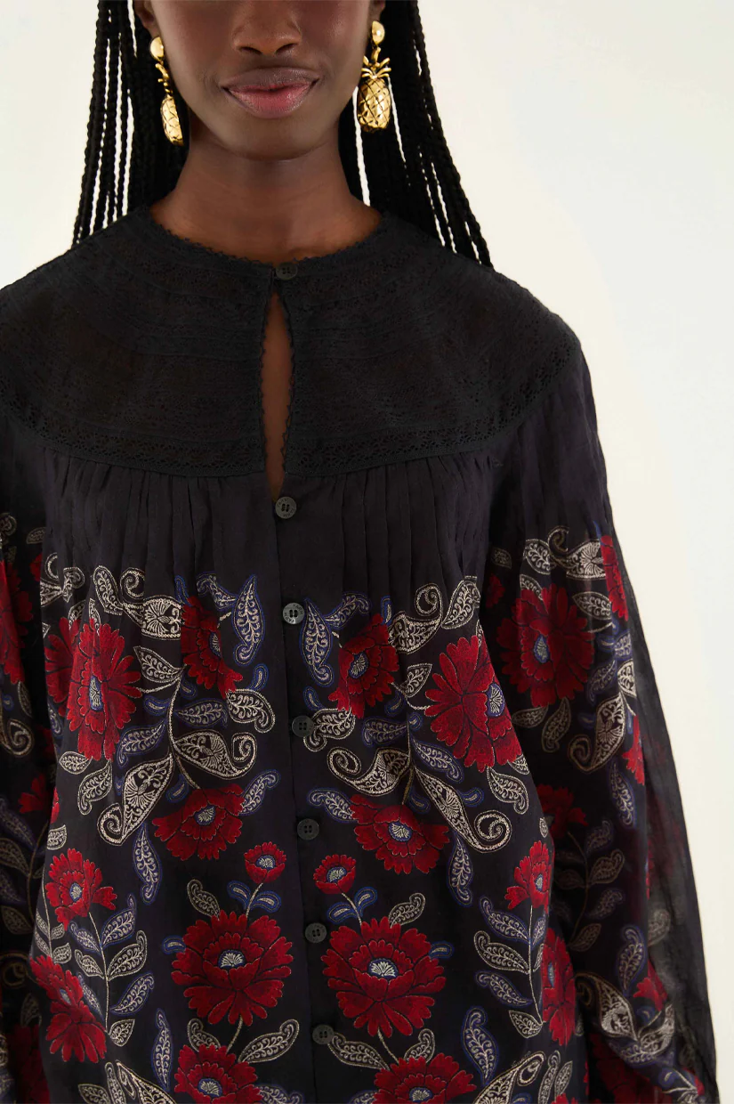Farm Rio Valentina Long Sleeve Blouse - Black - Image 2
