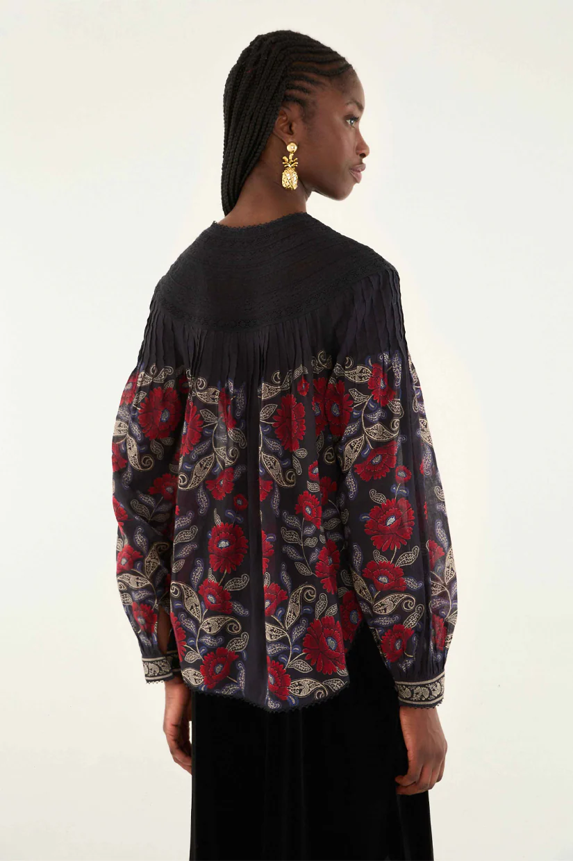 Farm Rio Valentina Long Sleeve Blouse - Black - Image 3
