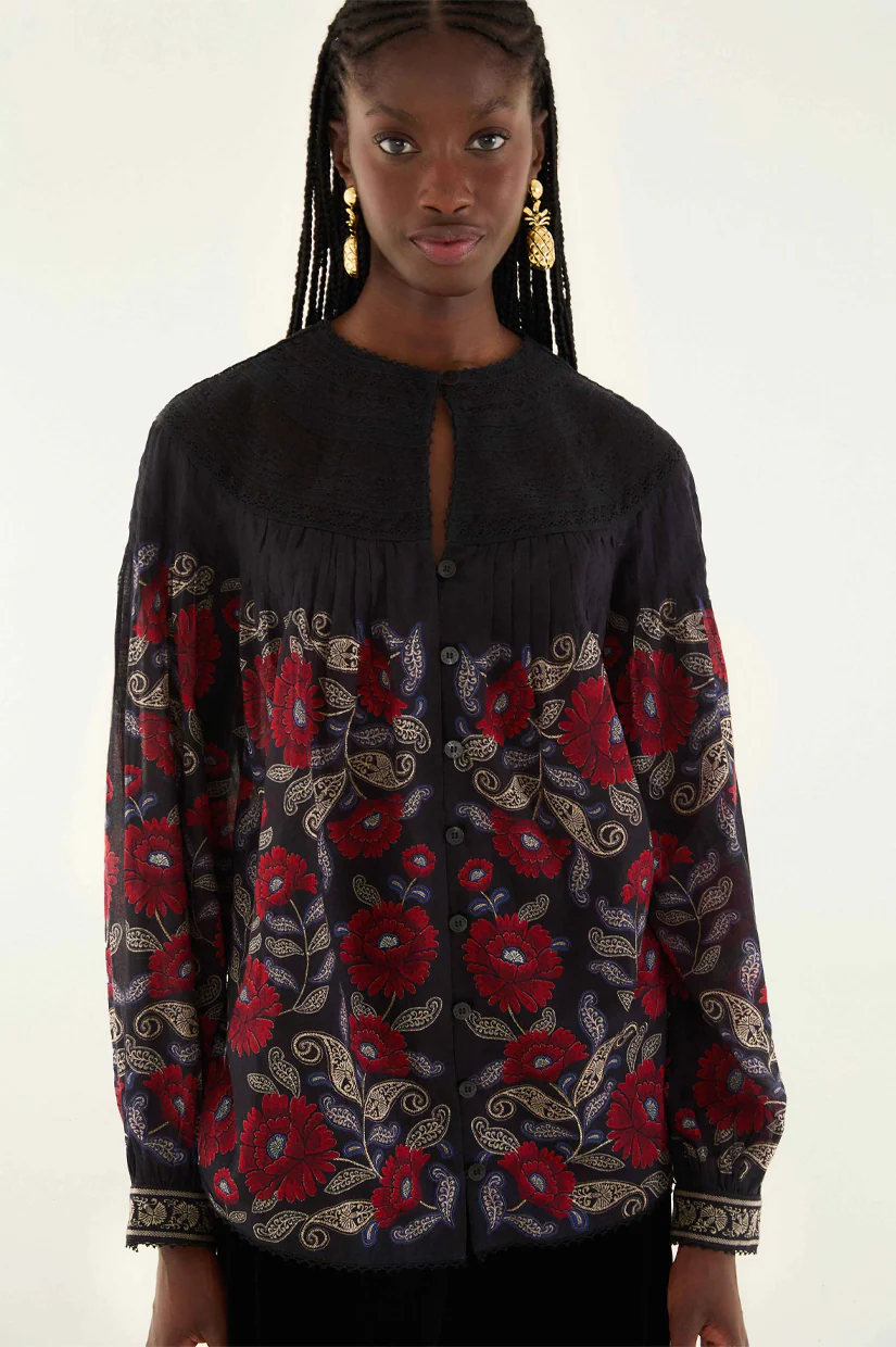 Farm Rio Valentina Long Sleeve Blouse - Black - Image 4