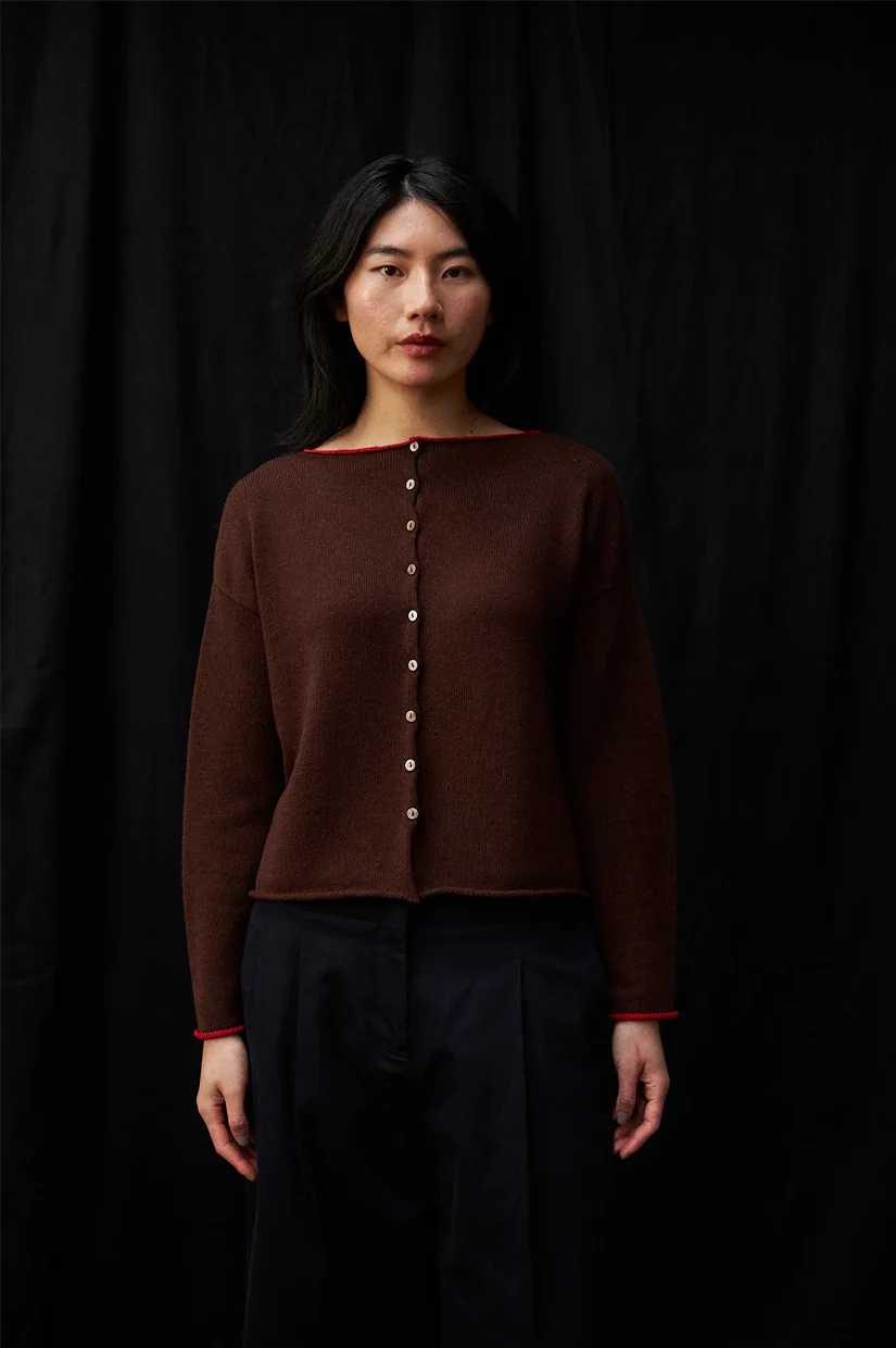 Francie Doll's Trimmed Reversible Cardigan - Chestnut/Cherry Trim - Image 2