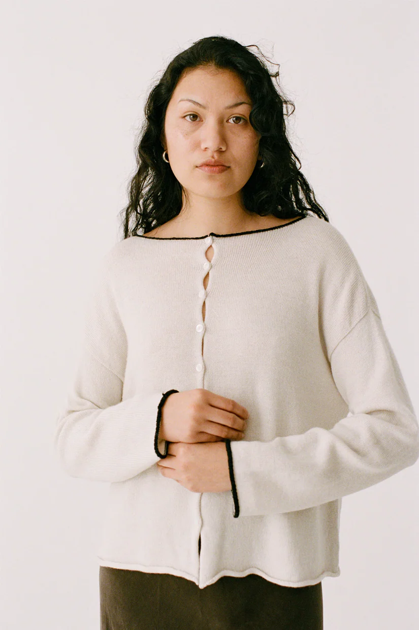 Francie Doll's Trimmed Reversible Cardigan - Ivory/Black Trim - Image 3
