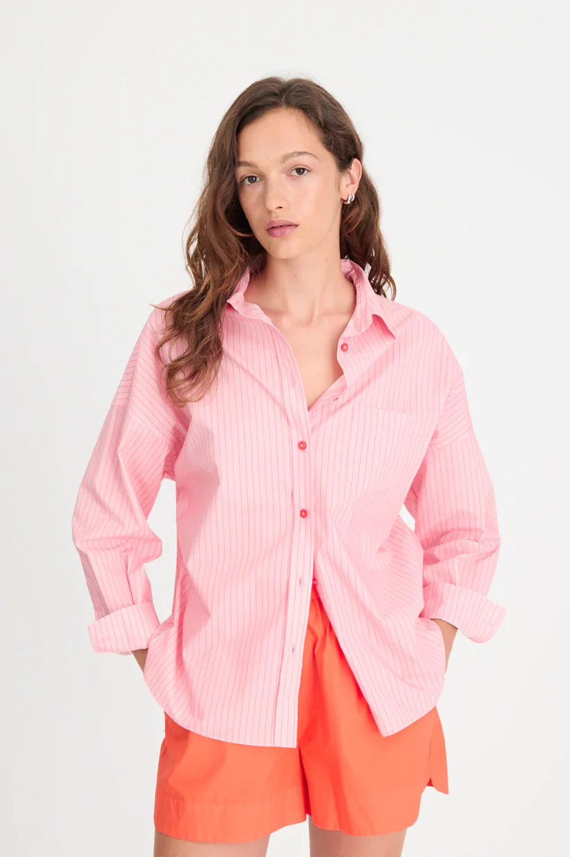 LMND Chiara Long Sleeve Shirt Pinstripe - Pink/Spicy Orange