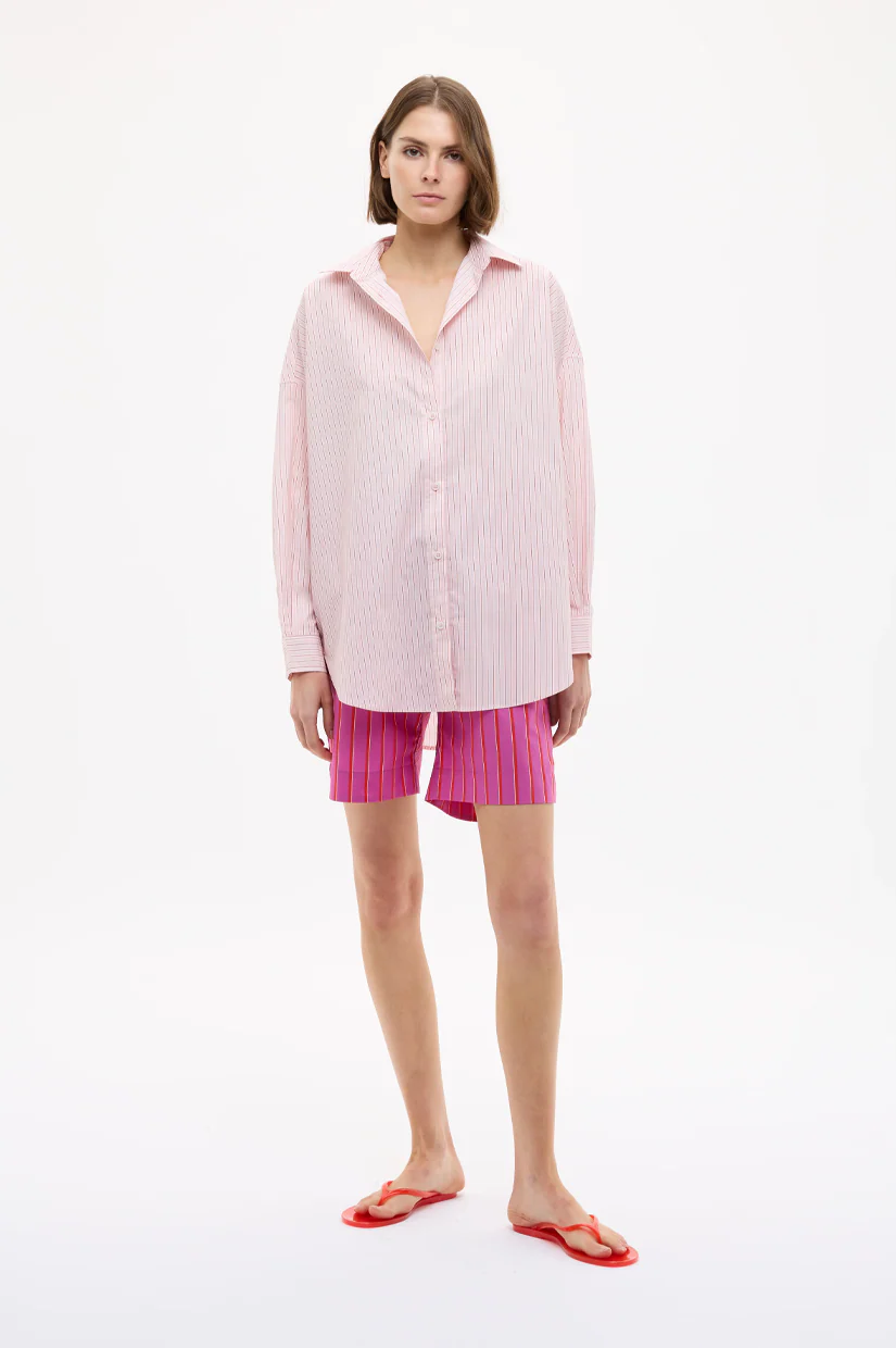 LMND Mara Oversized Long Sleeve Shirt Stripe - Primrose Pink/Natural/True Red