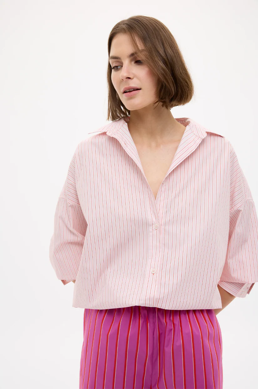 LMND Mara Oversized Long Sleeve Shirt Stripe - Primrose Pink/Natural/True Red - Image 2