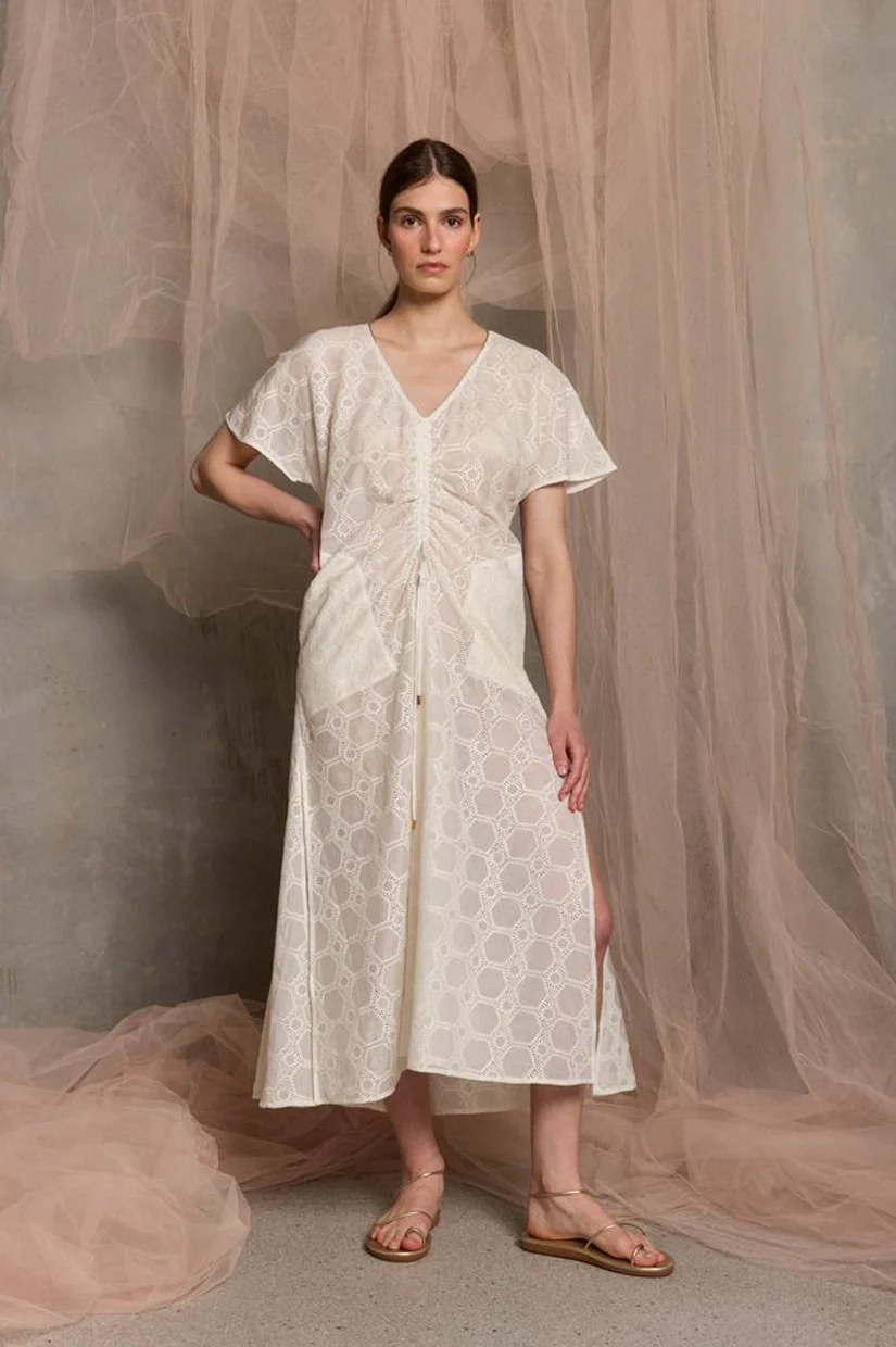 Luxe De Valentina Ionian Drawstring Midi Dress - White - Image 3