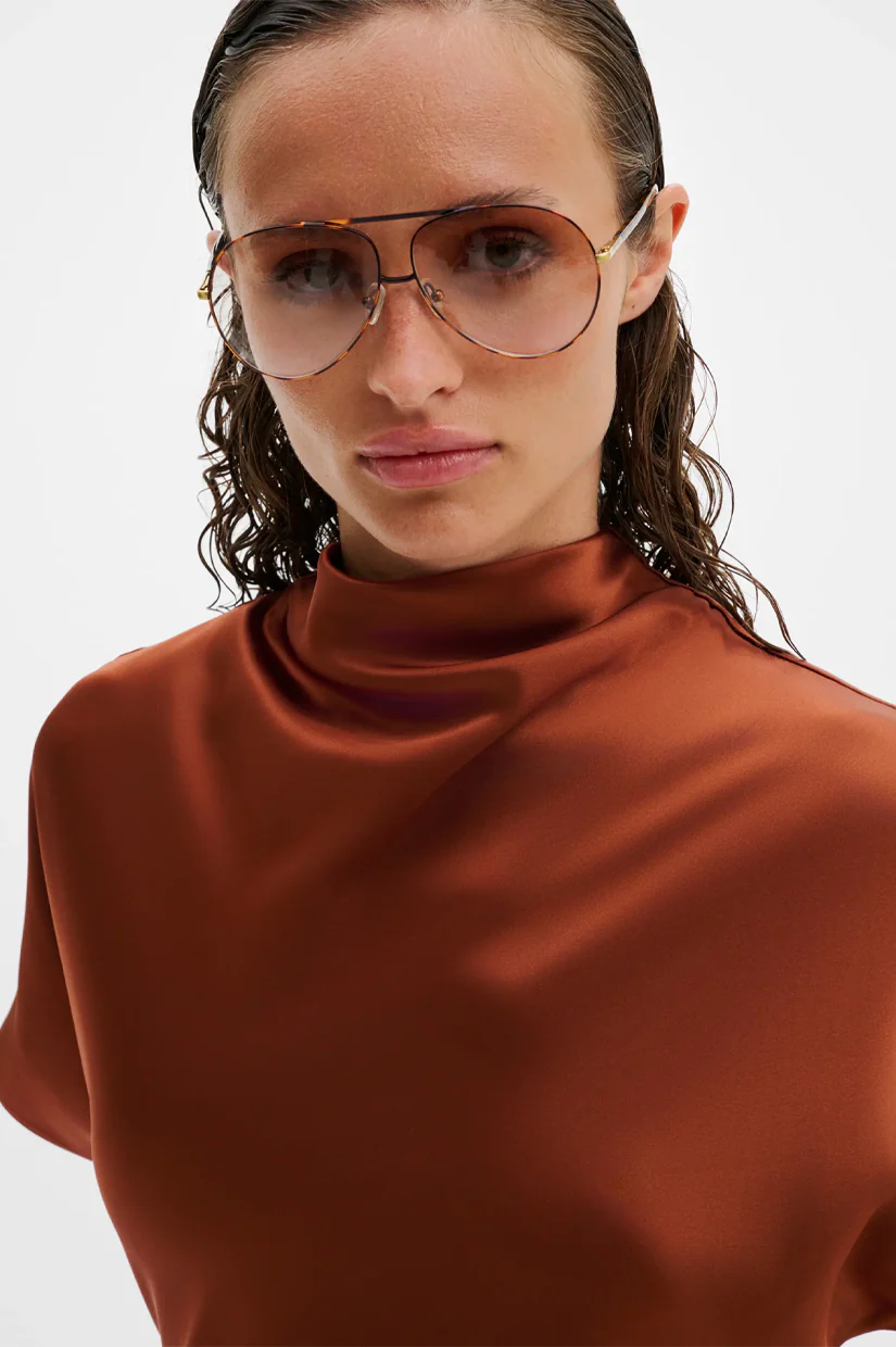 Malina Alivia Short Sleeve Satin Midi Dress - Rust - Image 3