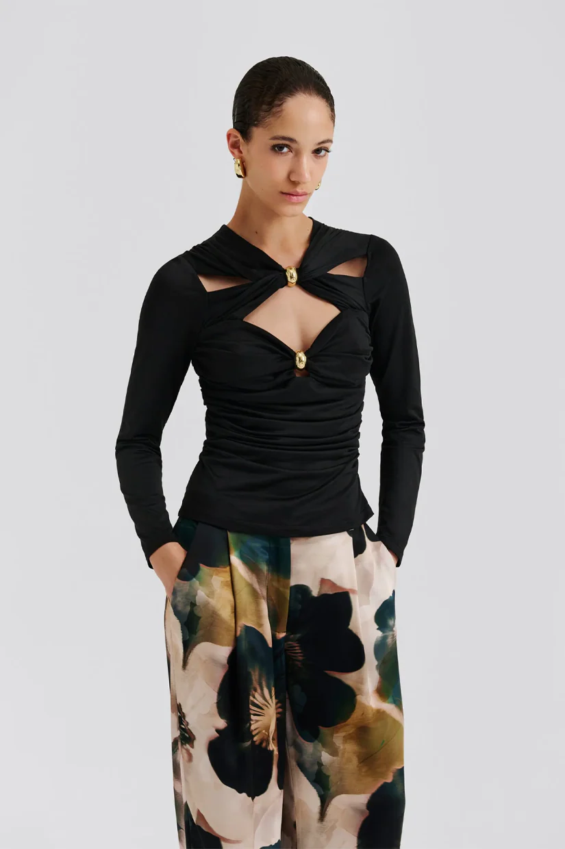 Malina Amela Embellished Long Sleeve Jersey Top - Black
