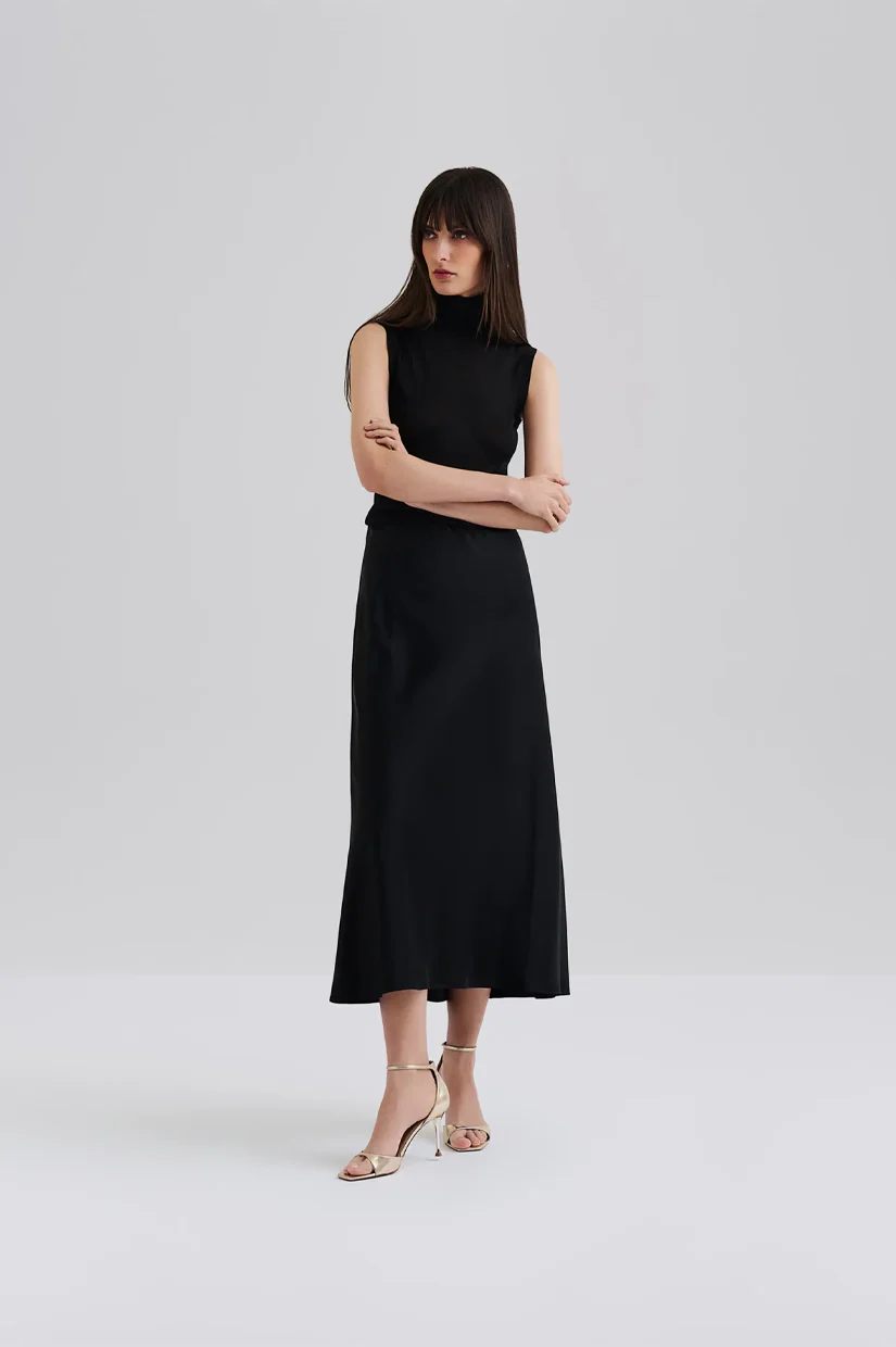 Malina Aubree Satin Midi Skirt - Black