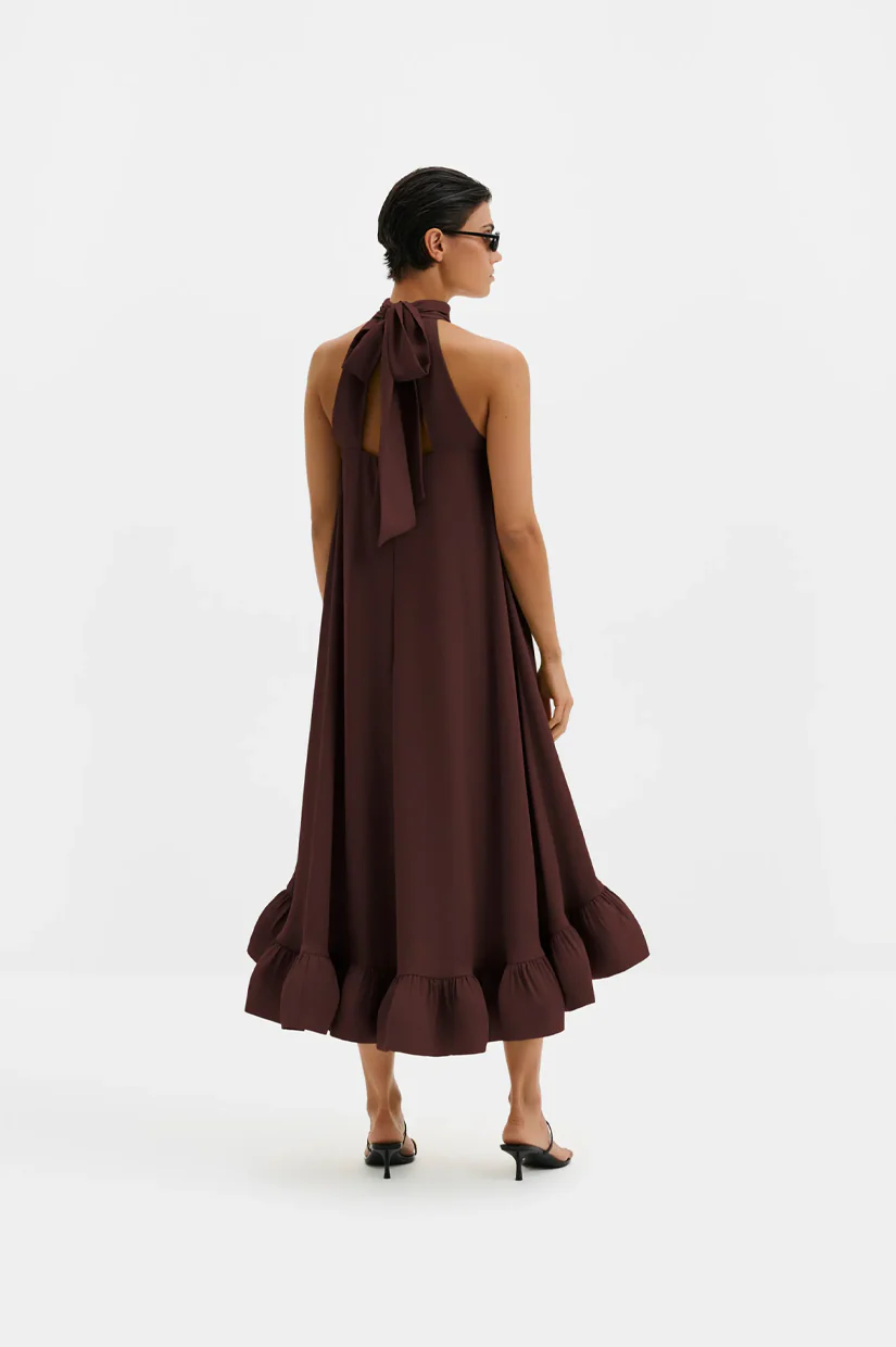 Malina Sabrina Halterneck Ruffled Midi Dress - Espresso - Image 2