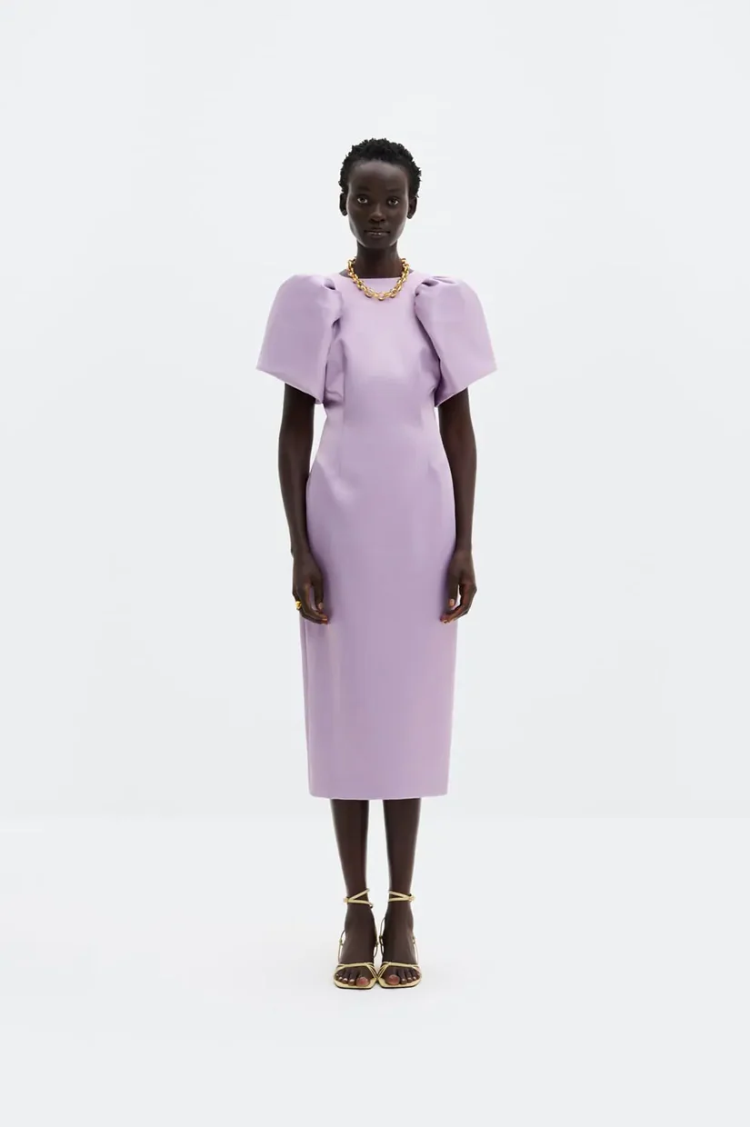 Malina Zindy Fitted Pouf Sleeve Midi Dress - Lavender