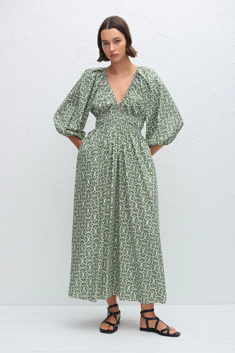 Matteau Shirred Plunge Button Dress - Vetiver
