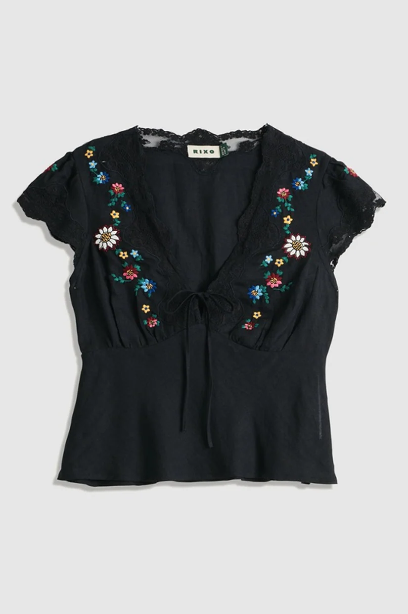 Rixo Elaine Top - Daisy Sun Embroidery Black - Image 2