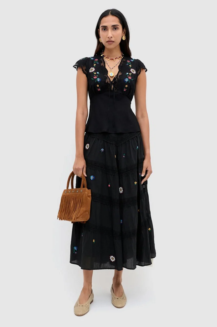 Rixo Sigrid Skirt - Daisy Sun Embroidery Black