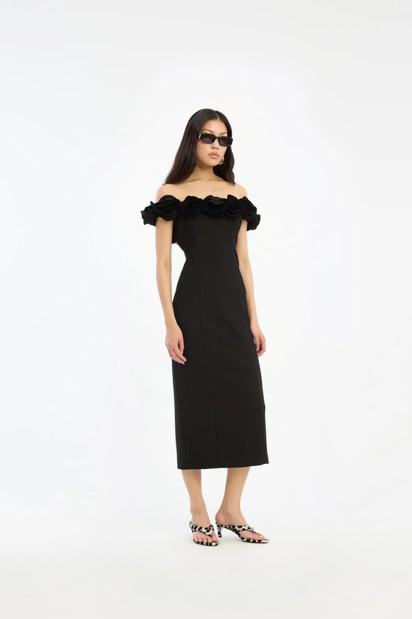 Rotate Crepe Midi Flower Dress - Black