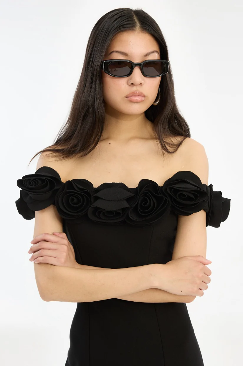Rotate Crepe Midi Flower Dress - Black - Image 3