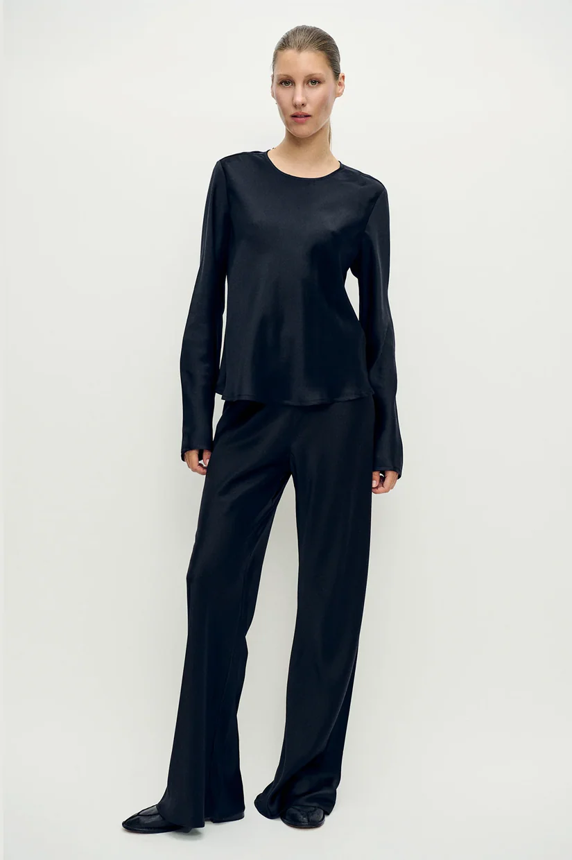 Silk Laundry Long Sleeve Bias Top - Black