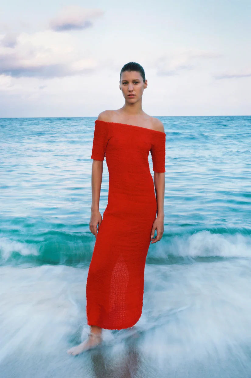Silk Laundry Pebble Off The Shoulder Dress - Snapper