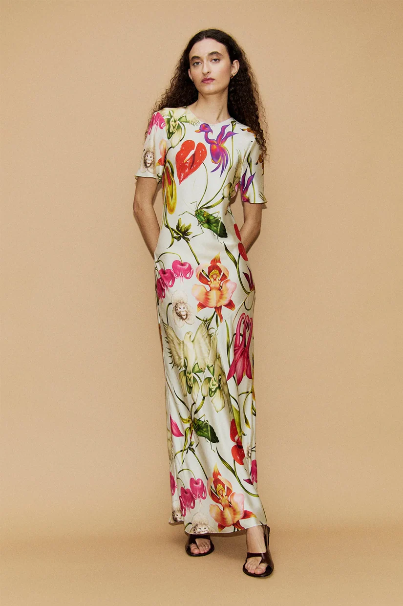 Silk Laundry Short Sleeve Bias Dress - Wonderland