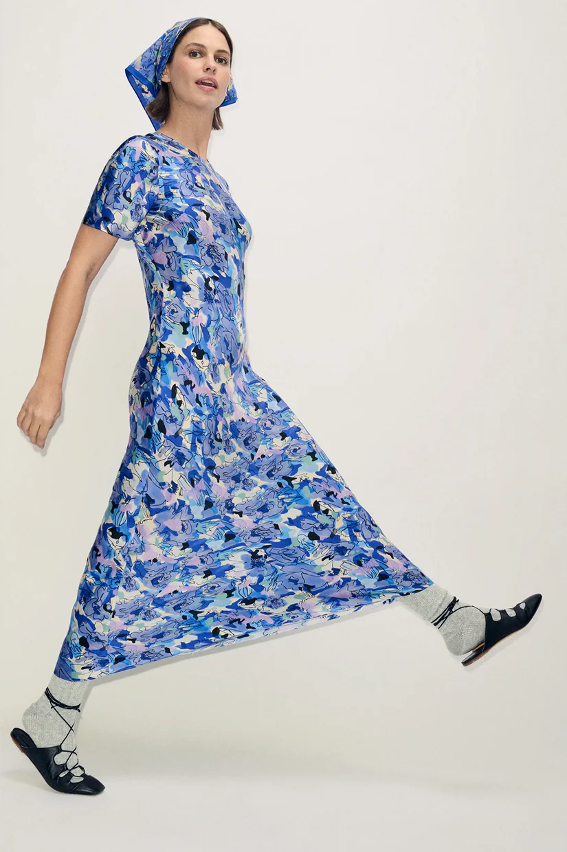 Silk Laundry SS Bias Dress - Cornflower Floral